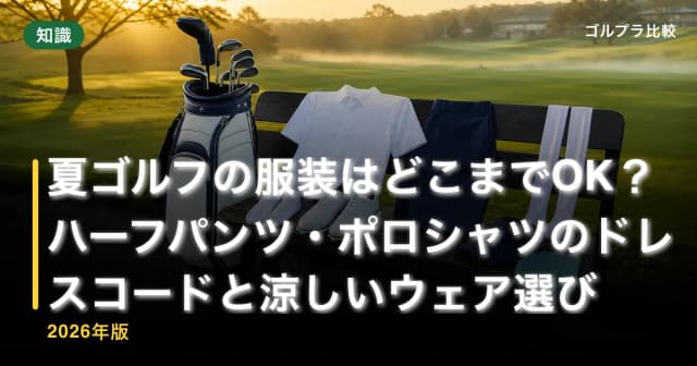 夏ゴルフの服装はどこまでOK?ハーフパンツ・ポロシャツのドレスコードと涼しいウェア選び【2026年版】 アイキャッチ